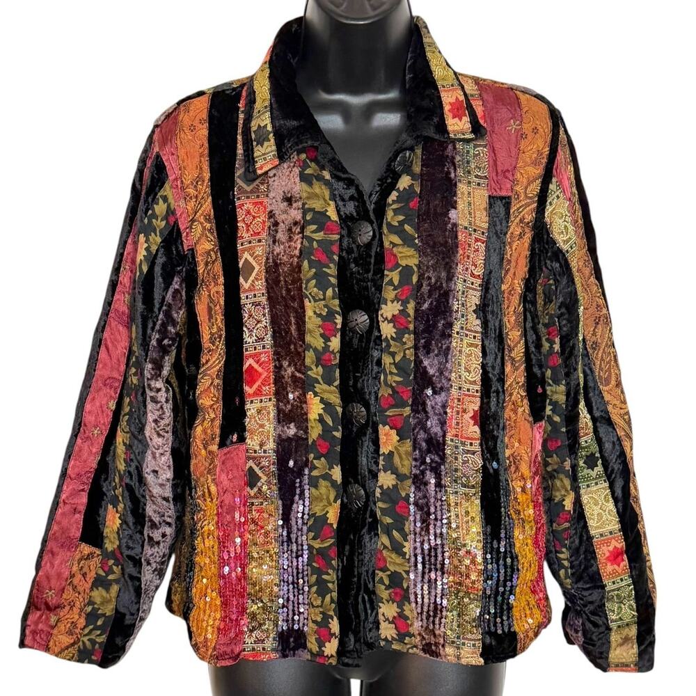 VTG 90s Coldwater Creek Velvet Patchwork Jacket Sequin Boho Whimsigoth Women S